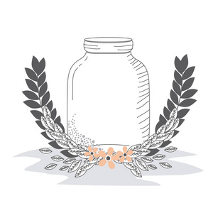 乡村玻璃瓶与树叶手绘图标矢量插图图形设计
