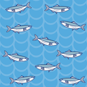 鱼卡通图案蓝色背景矢量插图平面设计