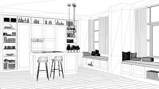 室内设计项目黑白墨素描建筑蓝图，展示当代豪华公寓现代厨房与镶木地板当代建筑