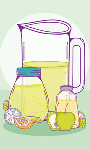 梅森罐子里美味的柠檬和苹果汁，矢量插图，平面设计