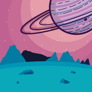从地面风景看土星行星卡通矢量插图平面设计