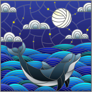 彩色玻璃画海豚入浪,星空,月亮和云彩,方形图像照片