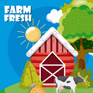 农场木屋，可爱的动物卡通矢量插图，平面设计
