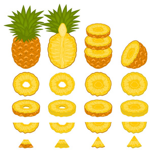 主题插图大集不同类型的黄色热带菠萝，绿茎各种大小。菠萝图案由有机饮料的热带餐组成。吃热带菠萝。