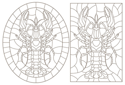 带有小龙虾的彩色玻璃窗户的轮廓插图，白色背景上的深色轮廓