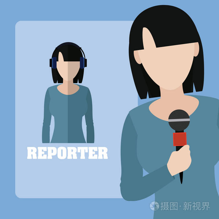 女记者,麦克风头像卡通矢量插图,平面设计