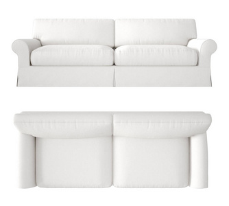 单白面料现代沙发隔离在空白背景，顶部和正面视图，计划，以上，当代家具概念理念，模型模板