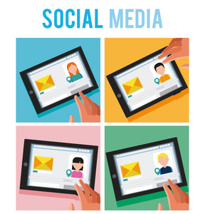 社交媒体和电子邮件彩色相框矢量插图平面设计