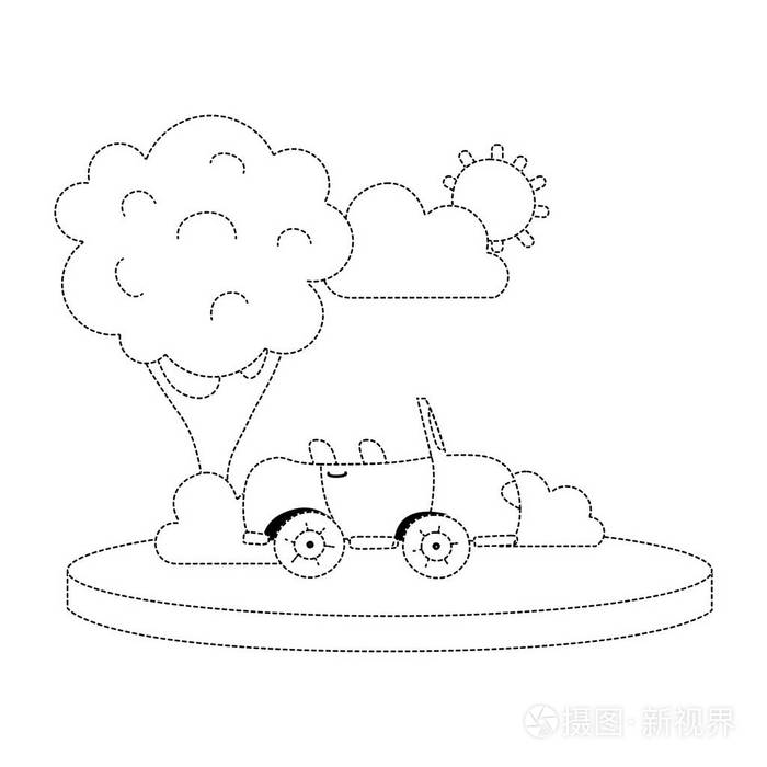 城市中带有树和云矢量插图的虚线形状跑车插画-正版商用图片18tv6p-摄