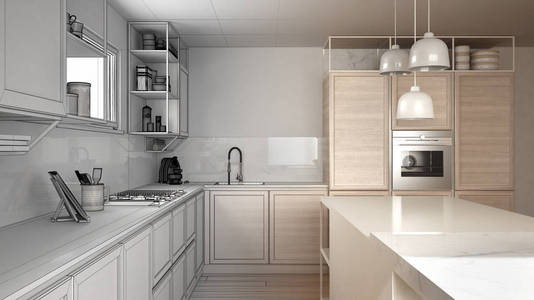 建筑师室内设计师的概念未完成的项目，成为真正的厨房与木制细节和镶木地板极简设计理念岛与凳子