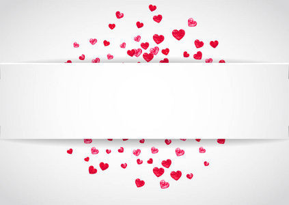 情人节纸框架与粉红色闪光的心。2月14日天。情人节纸框架的矢量纸屑。带有纹理的白色节日横幅