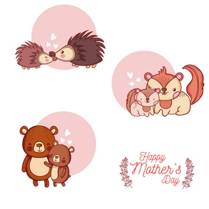 快乐妈妈日卡，可爱动物卡通矢量插图平面设计