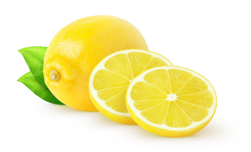 孤立的柠檬。整个柠檬水果和切片与叶子隔离在白色与剪裁路径