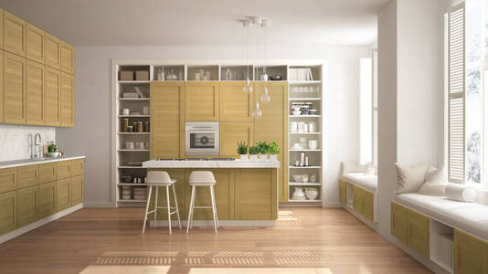 现代白色厨房与黄色木制细节，当代豪华公寓与镶木地板，复古复古室内设计，建筑，开放客厅，概念理念。