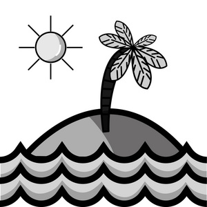 灰阶岛，棕榈树，太阳和波浪，海洋矢量插图