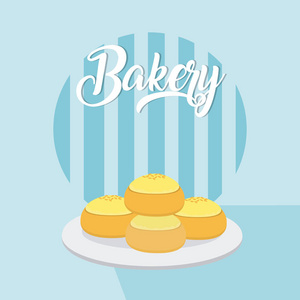 美味的甜甜圈，美味的和新鲜的面包店，在盘子矢量插图平面设计。