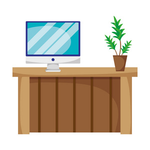 带有电脑屏幕和植物矢量插图的木桌