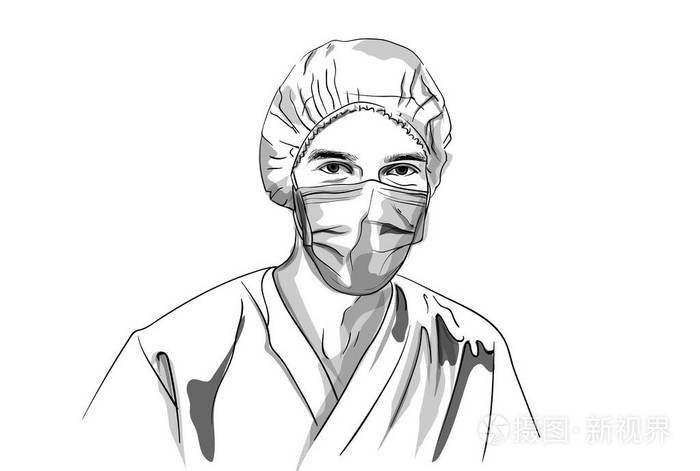 戴着面具向量素描的医生.故事板字符详细插图