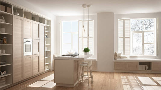 现代白色厨房与木制细节，当代豪华公寓与镶木地板，复古室内设计，建筑，开放空间，客厅，概念理念。