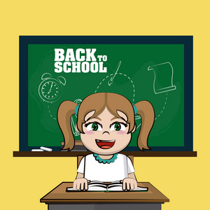 可爱的学生女孩前面黑板回到学校卡通矢量插图平面设计