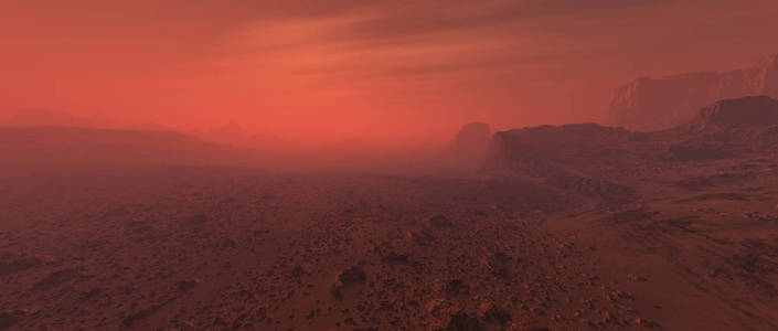 雾中裸露的粗糙岩石火星地形