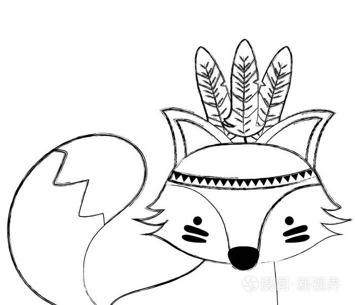 可爱的狐狸动物，羽毛装饰矢量插图