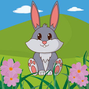 兔子可爱动物景观卡通矢量插图平面设计