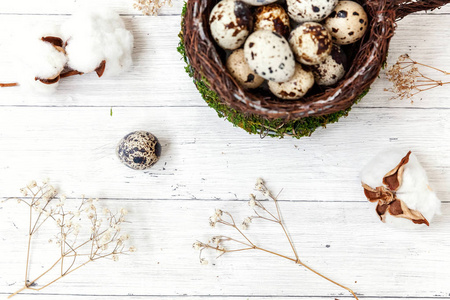 复活节装饰与鸡蛋在巢杯和棉花在白色木制背景。 复活节的概念。 平躺顶部视图复制空间。 春季贺卡