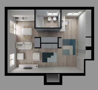 一室公寓，平顶家具和装饰平面，横截面，室内设计，建筑师，设计师概念理念，孤立于灰色背景