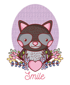 可爱的浣熊卡通与花，快乐的信息矢量插图，平面设计