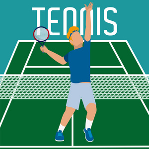 网球运动员发射球现场卡通矢量图平面设计