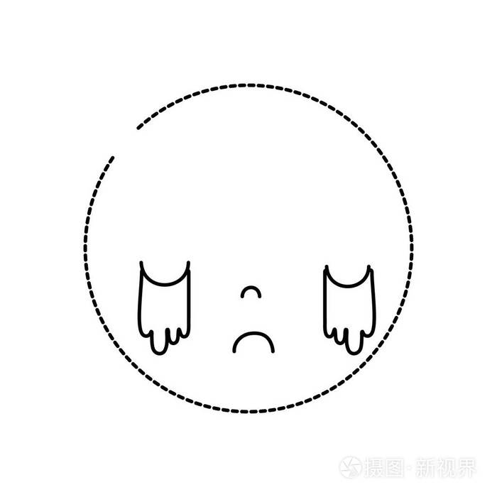 虚线形状卡瓦伊头,可爱的哭脸矢量插图