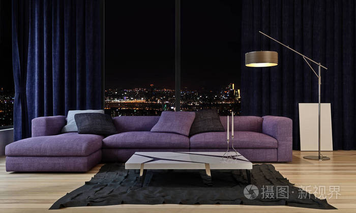 现代设计室内客厅夜景城市背景三维渲染无人