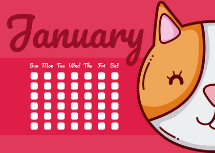 猫和一月可爱日历卡通矢量插图图形设计