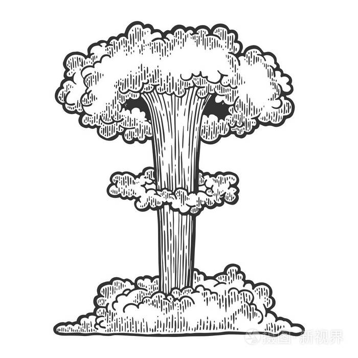 核弹爆炸复古雕刻向量例证.划痕板式模仿.黑白手绘图像