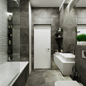 现代浴室设计与瓷砖下的混凝土和波浪