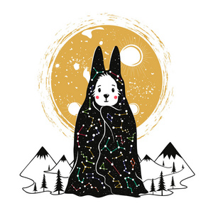 矢量插图与兔子在斗篷与星座。 背景上的月亮山和松树