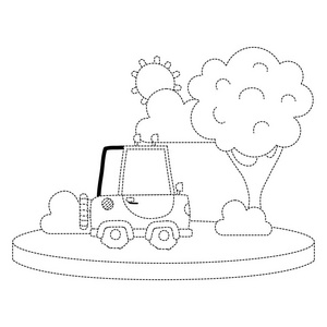 农业汽车城市中带有树和太阳矢量插图的虚线形状农业汽车照片
