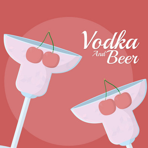 伏特加鸡尾酒，樱桃矢量插图平面设计