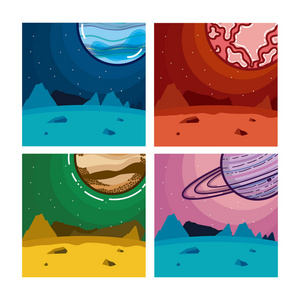 一组银河行星在方形彩色框架矢量插图图形设计