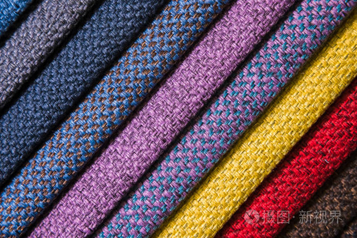 五颜六色亮丽的面料样品包括家具和服装内饰特写调色板的纺织品抽象