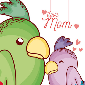 母亲留言卡，鹦鹉卡通，矢量插图，平面设计