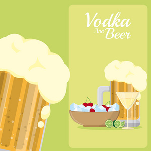 啤酒杯和鸡尾酒与樱桃矢量插图平面设计