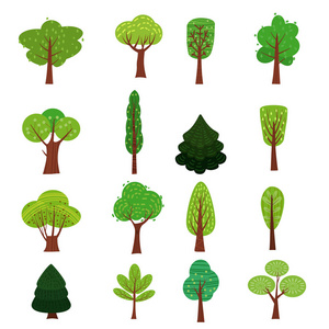 集树木森林绿色风格风格可爱的风格, 各种形状。向量, 例证, 查出的, 图标