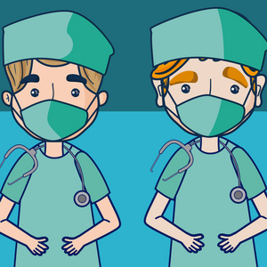 医生和医疗团队卡通片蓝色背景矢量插图平面设计照片