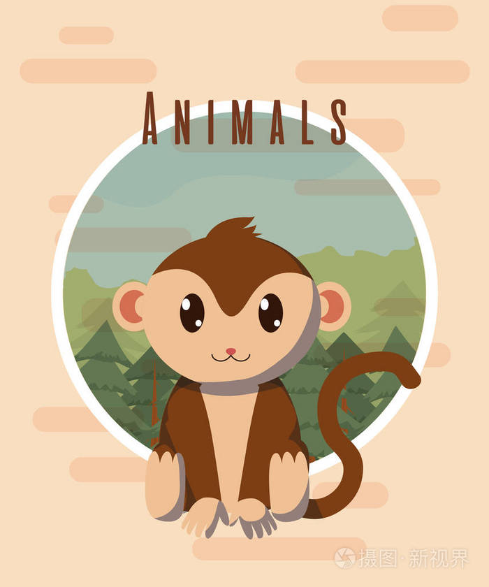 猴子可爱动物彩色卡片卡通矢量插图平面设计