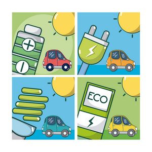 电动汽车和绿色能源组合方形框架矢量插图图形设计
