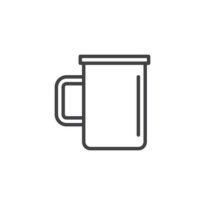 茶杯线图标轮廓矢量符号线性风格象形文字隔离在白色上。 野营杯符号标志插图。 可编辑行程