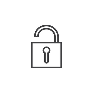 解锁挂锁线图标轮廓矢量符号线性样式象形文字隔离在白色上。 解锁安全安全挂锁符号标志插图。 可编辑行程