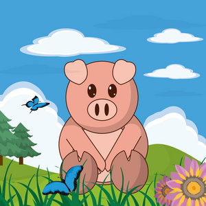 小猪可爱动物景观卡通矢量插图平面设计